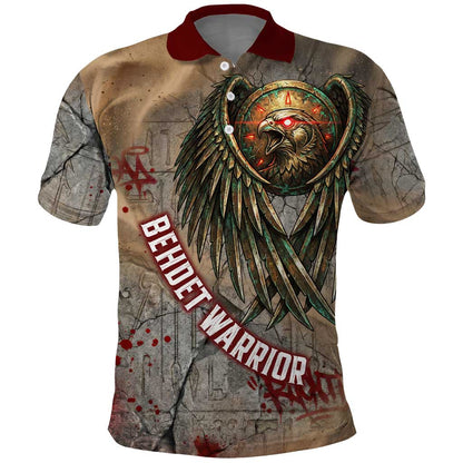 Horus Behdety Warrior Polo Shirt with Falcon Mask and Spear Ancient Egyptian Combat