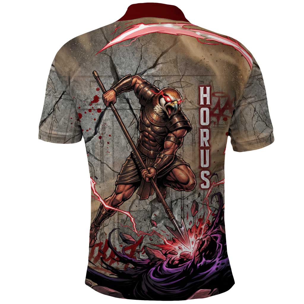 Horus Behdety Warrior Polo Shirt with Falcon Mask and Spear Ancient Egyptian Combat