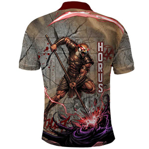 Horus Behdety Warrior Polo Shirt with Falcon Mask and Spear Ancient Egyptian Combat