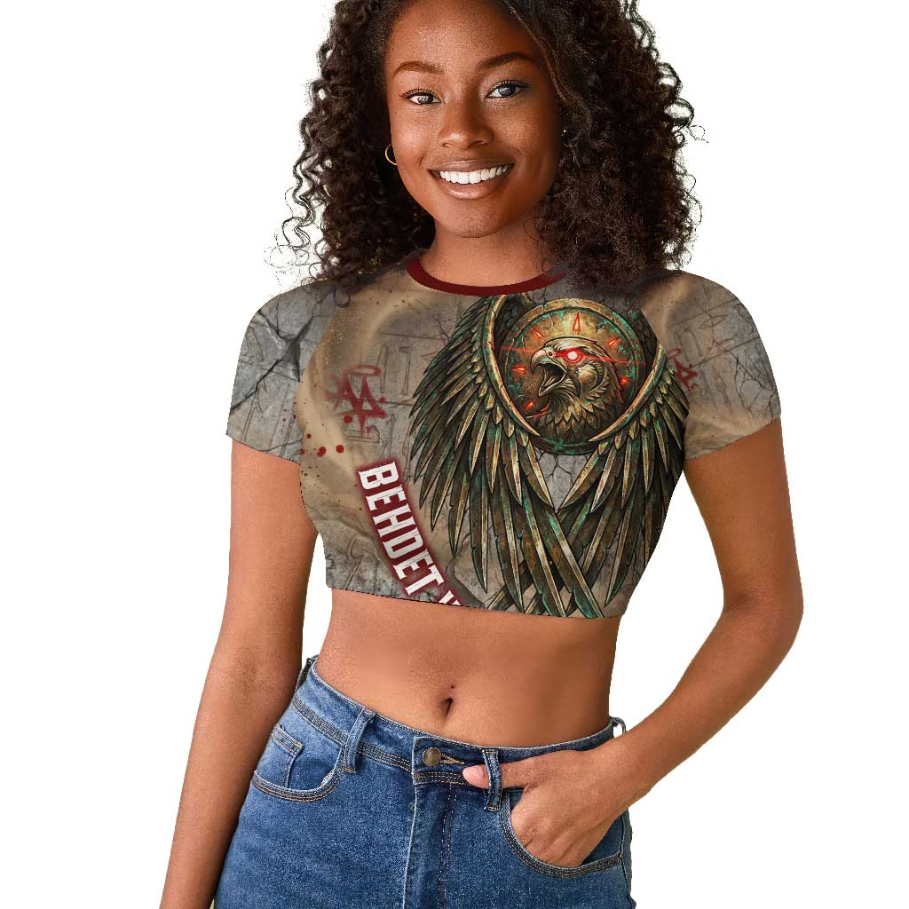 Horus Behdety Warrior Raglan Cropped T shirt with Falcon Mask and Spear Ancient Egyptian Combat