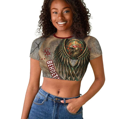 Horus Behdety Warrior Raglan Cropped T shirt with Falcon Mask and Spear Ancient Egyptian Combat