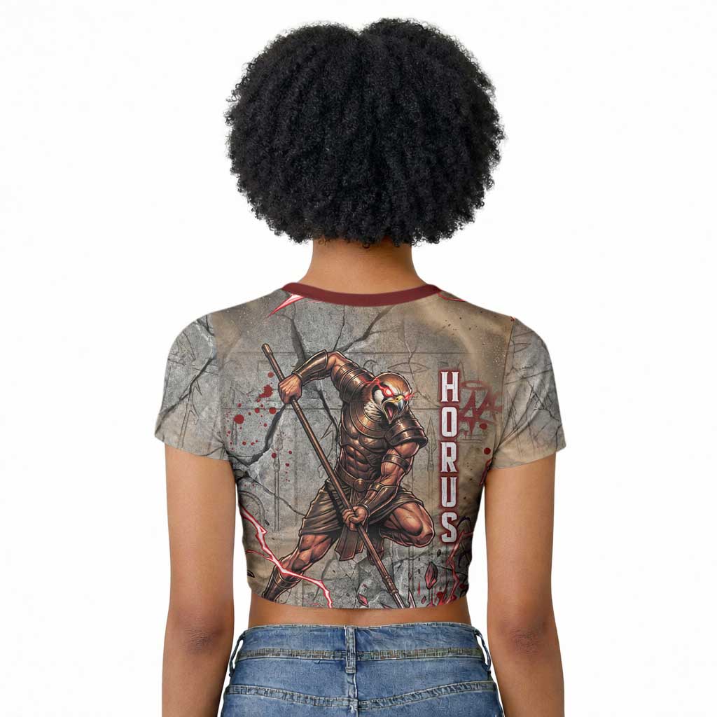 Horus Behdety Warrior Raglan Cropped T shirt with Falcon Mask and Spear Ancient Egyptian Combat