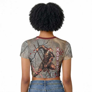 Horus Behdety Warrior Raglan Cropped T shirt with Falcon Mask and Spear Ancient Egyptian Combat
