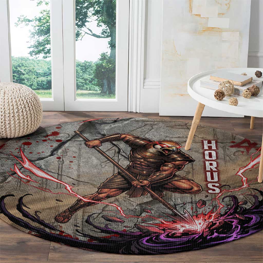 Horus Behdety Warrior Round Carpet with Falcon Mask and Spear Ancient Egyptian Combat