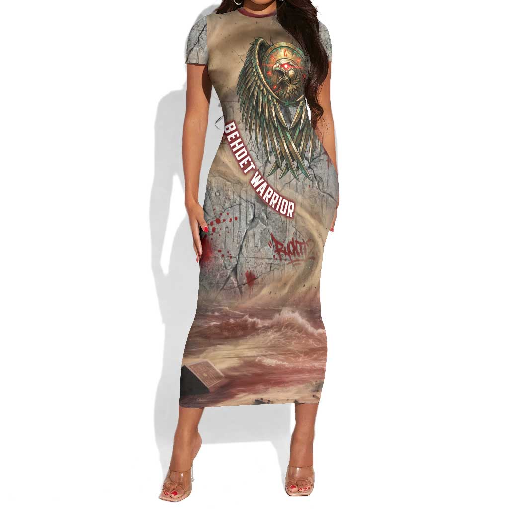 Horus Behdety Warrior Short Sleeve Bodycon Dress with Falcon Mask and Spear Ancient Egyptian Combat