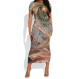Horus Behdety Warrior Short Sleeve Bodycon Dress with Falcon Mask and Spear Ancient Egyptian Combat