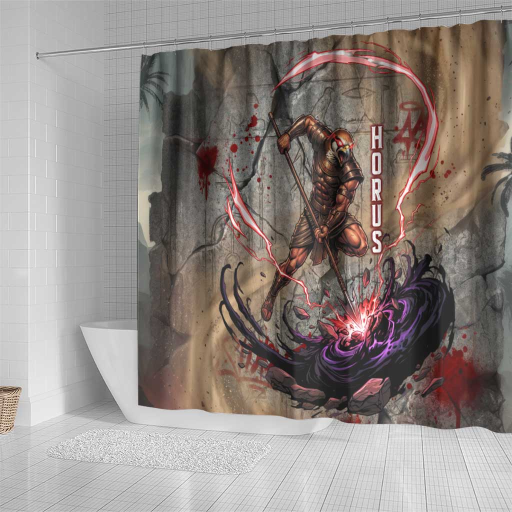 Horus Behdety Warrior Shower Curtain with Falcon Mask and Spear Ancient Egyptian Combat