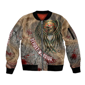 Horus Behdety Warrior Sleeve Zip Bomber Jacket with Falcon Mask and Spear Ancient Egyptian Combat
