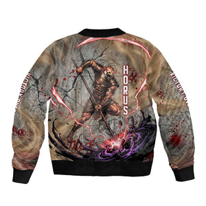 Horus Behdety Warrior Sleeve Zip Bomber Jacket with Falcon Mask and Spear Ancient Egyptian Combat