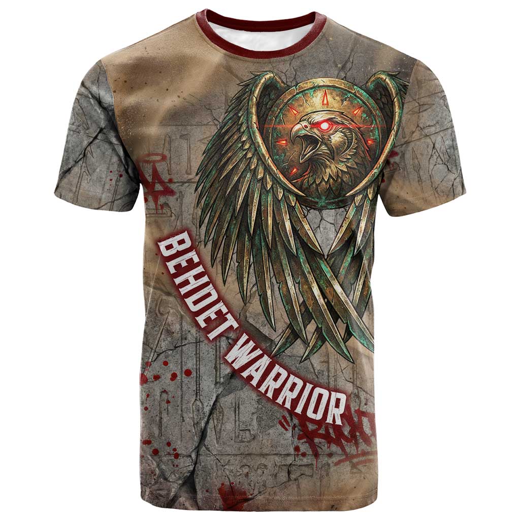Horus Behdety Warrior T shirt with Falcon Mask and Spear Ancient Egyptian Combat