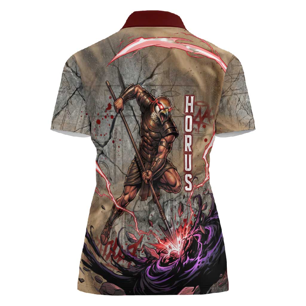 Horus Behdety Warrior Women Polo Shirt with Falcon Mask and Spear Ancient Egyptian Combat