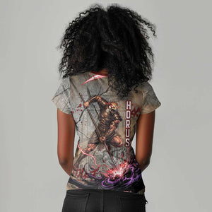 Horus Behdety Warrior Women V-Neck T-Shirt with Falcon Mask and Spear Ancient Egyptian Combat