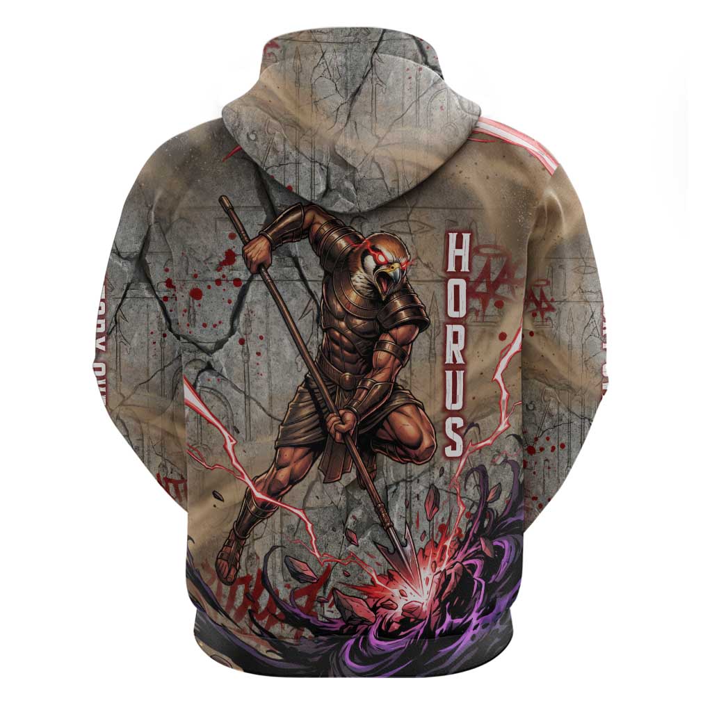 Horus Behdety Warrior Zip Hoodie with Falcon Mask and Spear Ancient Egyptian Combat