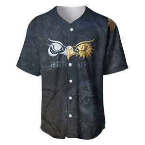 Heru-Ur Falcon Eyes Baseball Jersey Solar Disk Ancient Egyptian Mythology in Dark Stone