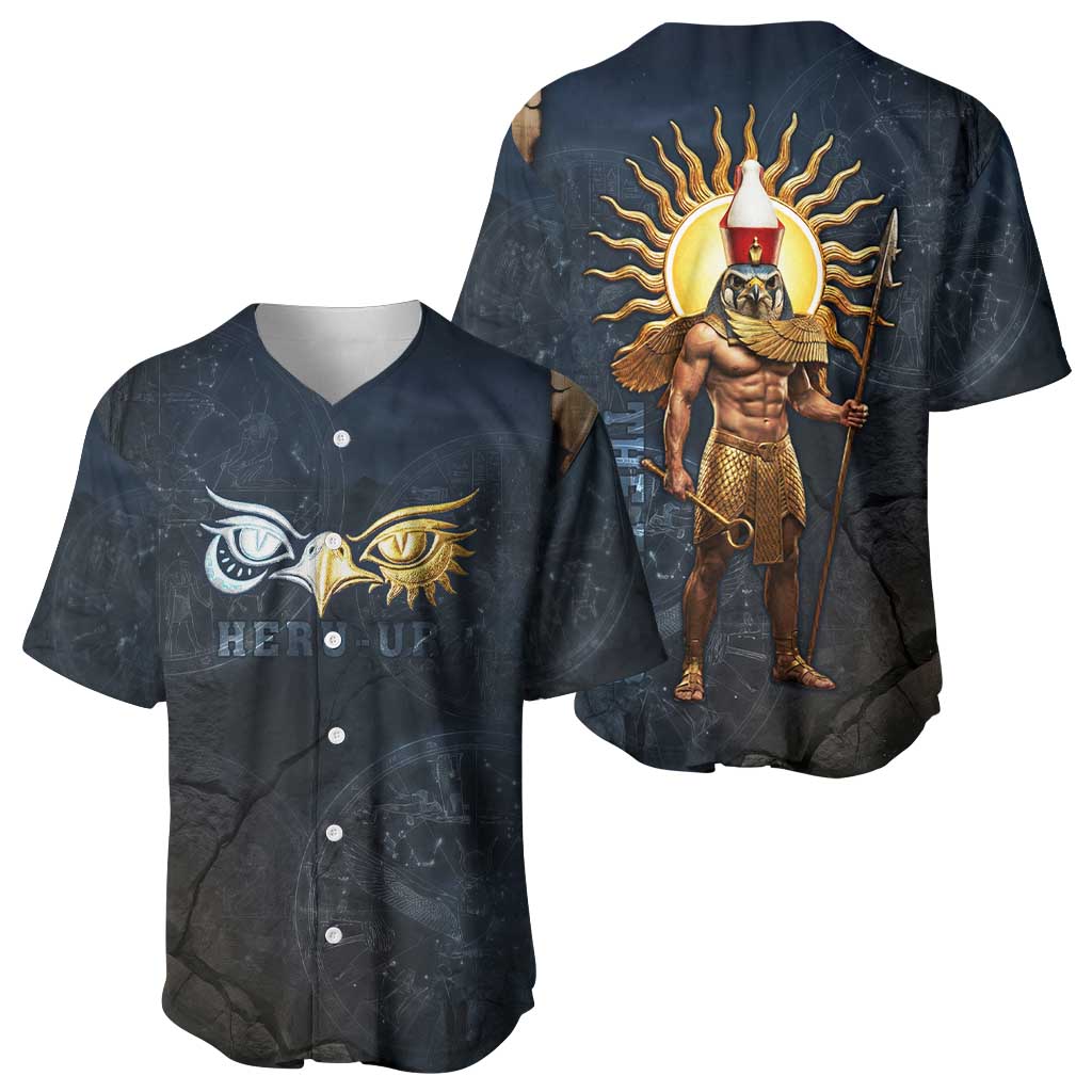 Heru-Ur Falcon Eyes Baseball Jersey Solar Disk Ancient Egyptian Mythology in Dark Stone