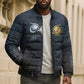 Heru-Ur Falcon Eyes Bomber Puffer Jacket Solar Disk Ancient Egyptian Mythology in Dark Stone
