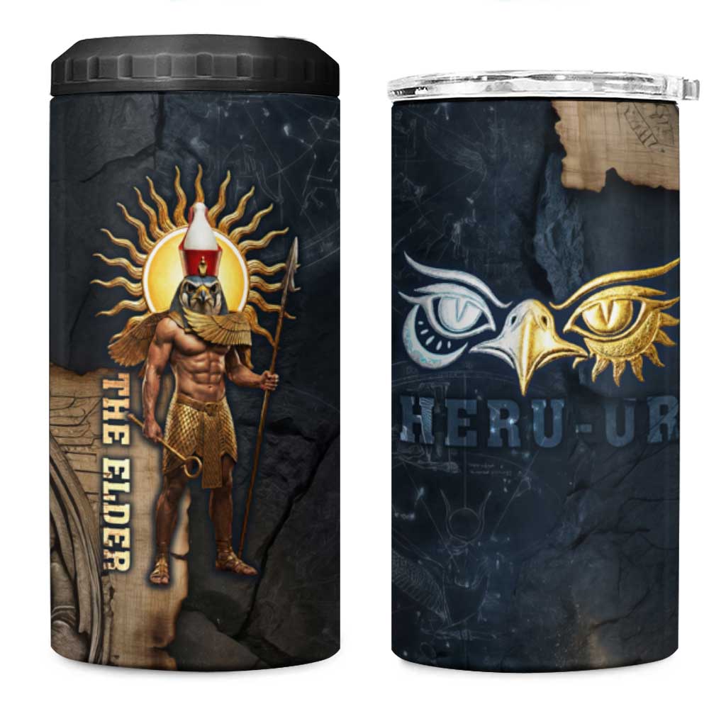 Heru-Ur Falcon Eyes 4 in 1 Can Cooler Tumbler Solar Disk Ancient Egyptian Mythology in Dark Stone