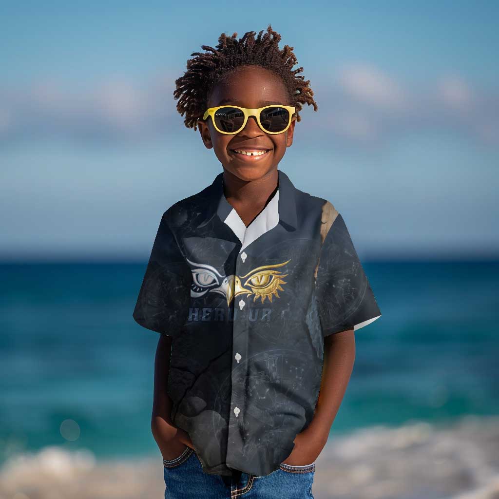 Heru-Ur Falcon Eyes Kid Hawaiian Shirt Solar Disk Ancient Egyptian Mythology in Dark Stone