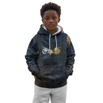 Heru-Ur Falcon Eyes Kid Hoodie Solar Disk Ancient Egyptian Mythology in Dark Stone