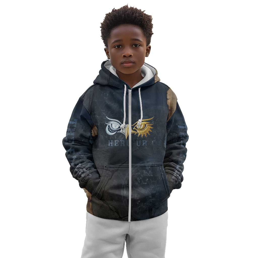 Heru-Ur Falcon Eyes Kid Hoodie Solar Disk Ancient Egyptian Mythology in Dark Stone