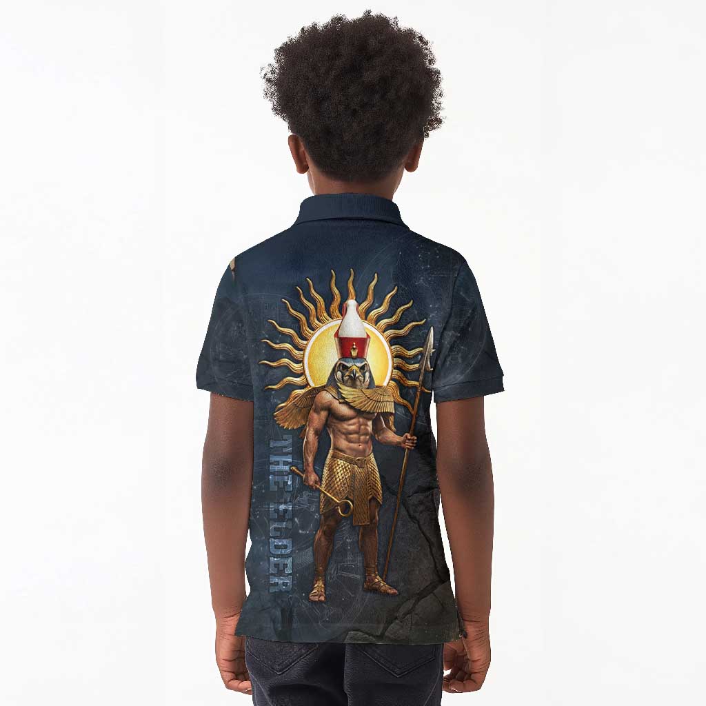 Heru-Ur Falcon Eyes Kid Polo Shirt Solar Disk Ancient Egyptian Mythology in Dark Stone
