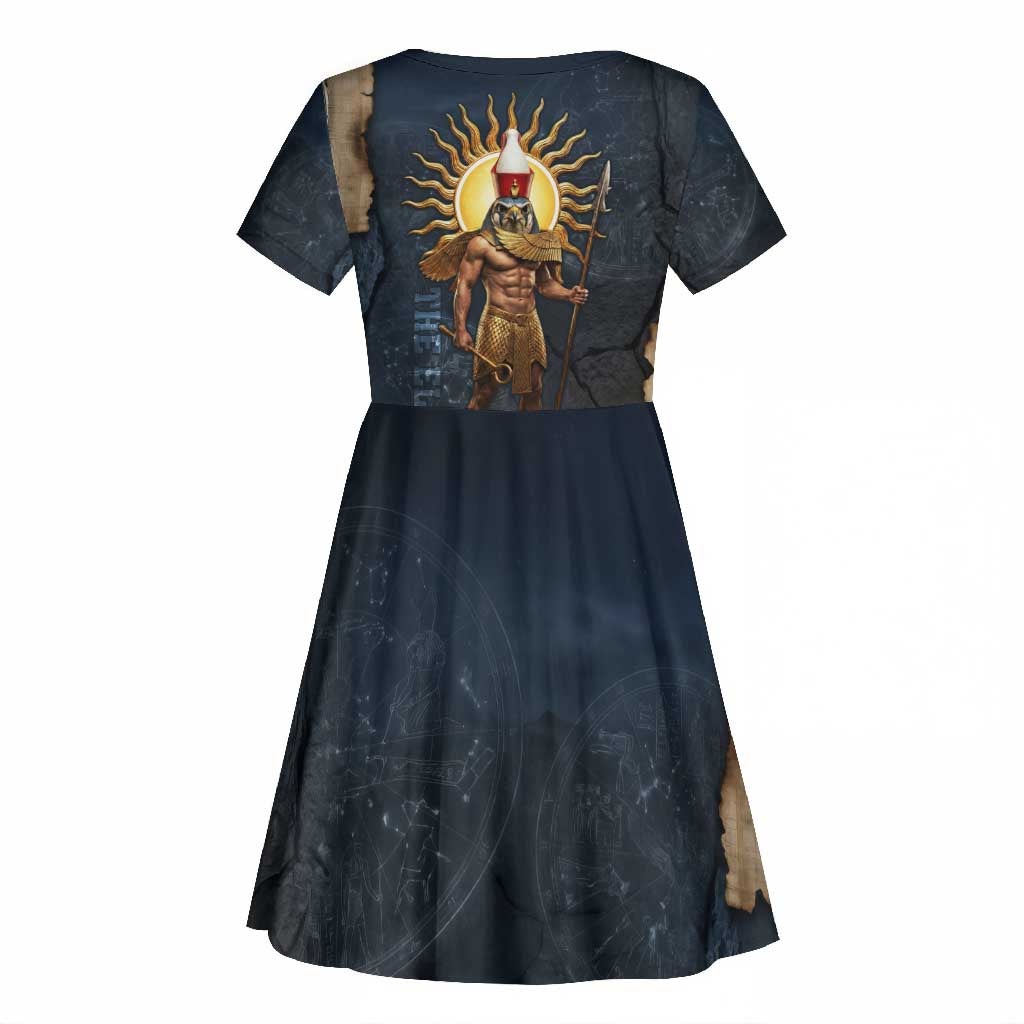 Heru-Ur Falcon Eyes Kid Short Sleeve Dress Solar Disk Ancient Egyptian Mythology in Dark Stone