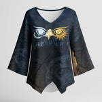 Heru-Ur Falcon Eyes Kimono Sleeve Blouse Solar Disk Ancient Egyptian Mythology in Dark Stone