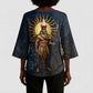 Heru-Ur Falcon Eyes Kimono Sleeve Blouse Solar Disk Ancient Egyptian Mythology in Dark Stone