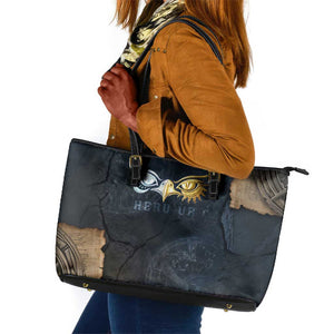 Heru-Ur Falcon Eyes Leather Tote Bag Solar Disk Ancient Egyptian Mythology in Dark Stone