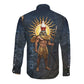 Heru-Ur Falcon Eyes Long Sleeve Button Shirt Solar Disk Ancient Egyptian Mythology in Dark Stone