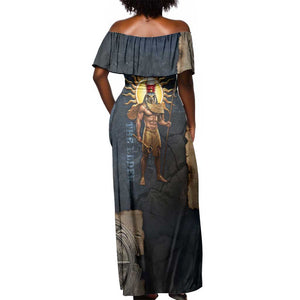 Heru-Ur Falcon Eyes Off Shoulder Maxi Dress Solar Disk Ancient Egyptian Mythology in Dark Stone