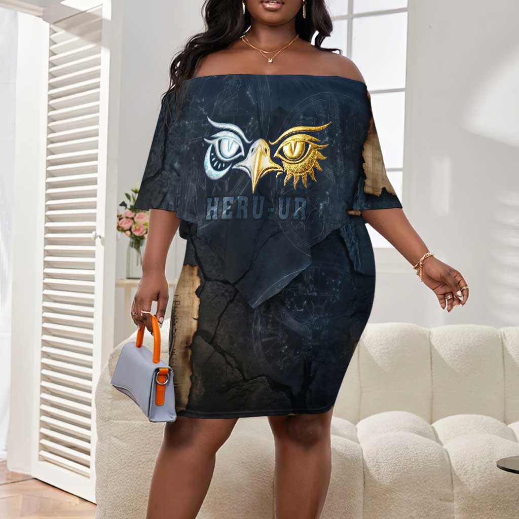 Heru-Ur Falcon Eyes Off Shoulder Short Dress Solar Disk Ancient Egyptian Mythology in Dark Stone
