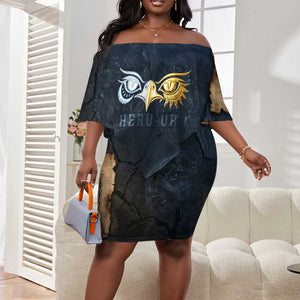 Heru-Ur Falcon Eyes Off Shoulder Short Dress Solar Disk Ancient Egyptian Mythology in Dark Stone