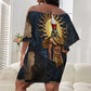 Heru-Ur Falcon Eyes Off Shoulder Short Dress Solar Disk Ancient Egyptian Mythology in Dark Stone