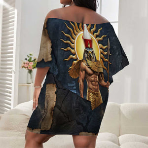 Heru-Ur Falcon Eyes Off Shoulder Short Dress Solar Disk Ancient Egyptian Mythology in Dark Stone