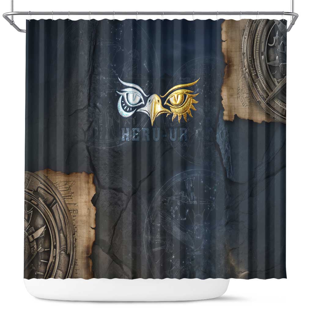 Heru-Ur Falcon Eyes Shower Curtain Solar Disk Ancient Egyptian Mythology in Dark Stone