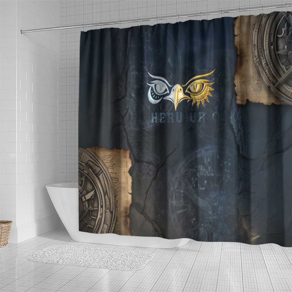 Heru-Ur Falcon Eyes Shower Curtain Solar Disk Ancient Egyptian Mythology in Dark Stone