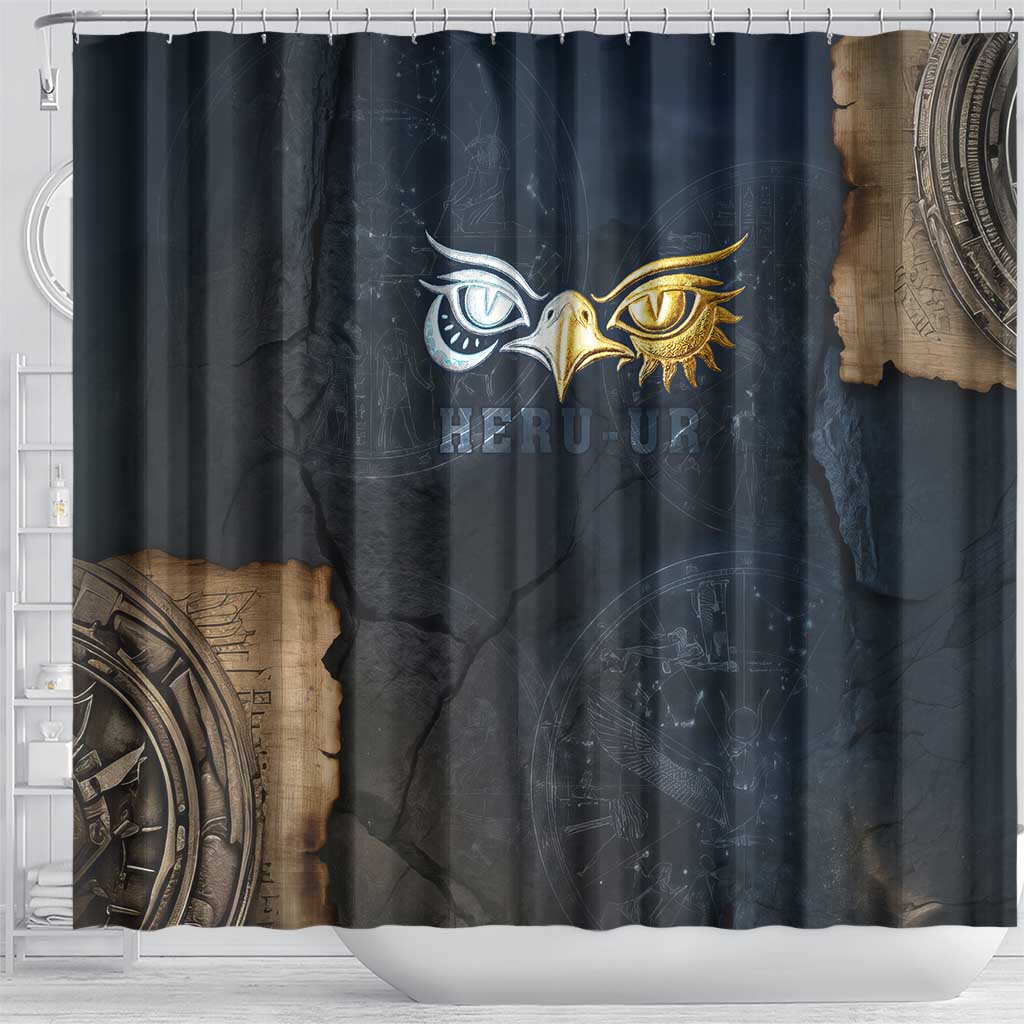 Heru-Ur Falcon Eyes Shower Curtain Solar Disk Ancient Egyptian Mythology in Dark Stone