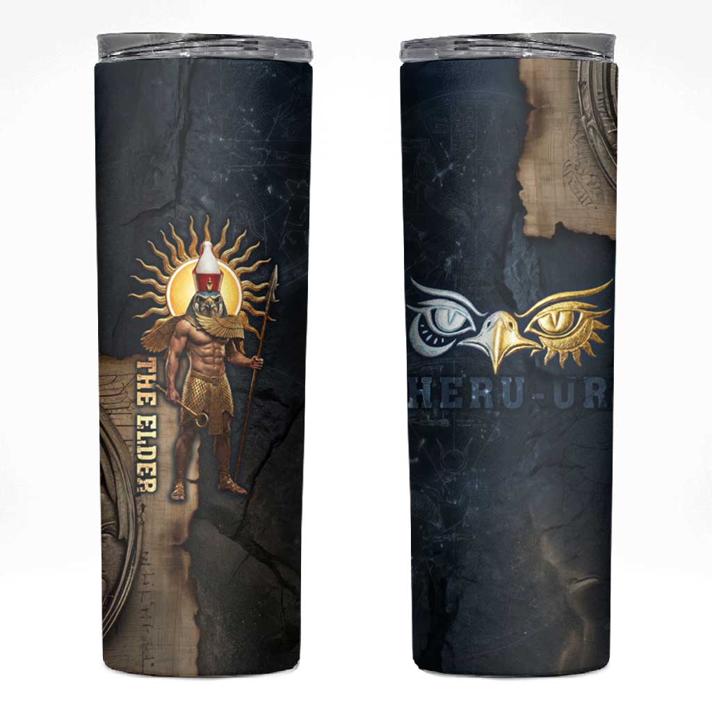 Heru-Ur Falcon Eyes Skinny Tumbler Solar Disk Ancient Egyptian Mythology in Dark Stone