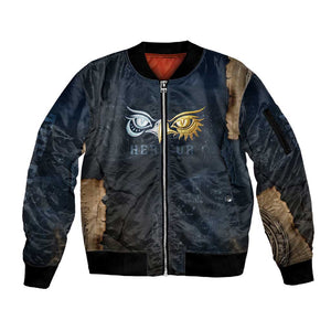 Heru-Ur Falcon Eyes Sleeve Zip Bomber Jacket Solar Disk Ancient Egyptian Mythology in Dark Stone