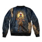 Heru-Ur Falcon Eyes Sleeve Zip Bomber Jacket Solar Disk Ancient Egyptian Mythology in Dark Stone