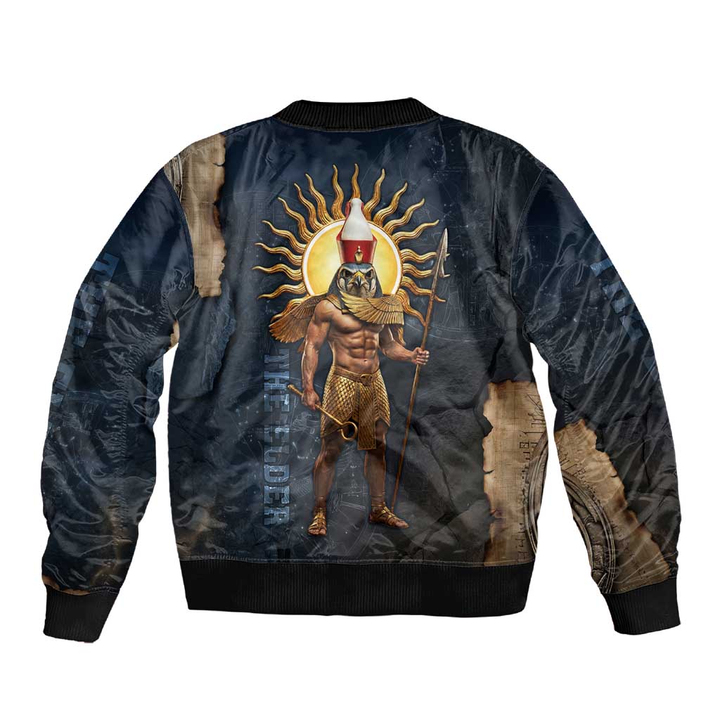 Heru-Ur Falcon Eyes Sleeve Zip Bomber Jacket Solar Disk Ancient Egyptian Mythology in Dark Stone