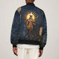 Heru-Ur Falcon Eyes Sleeve Zip Bomber Jacket Solar Disk Ancient Egyptian Mythology in Dark Stone