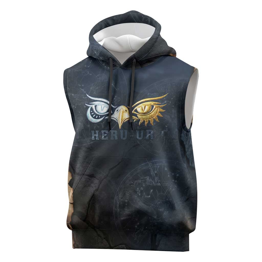 Heru-Ur Falcon Eyes Sleeveless Hoodie Solar Disk Ancient Egyptian Mythology in Dark Stone
