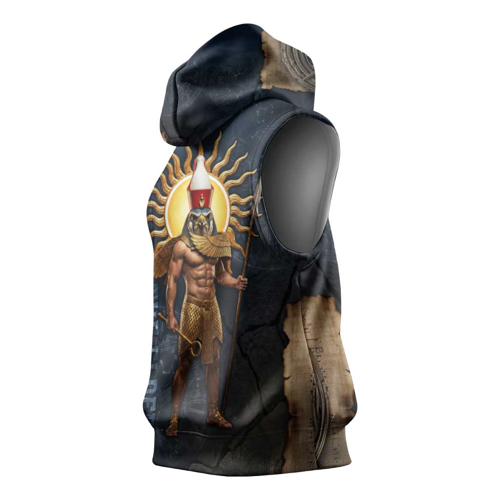 Heru-Ur Falcon Eyes Sleeveless Hoodie Solar Disk Ancient Egyptian Mythology in Dark Stone