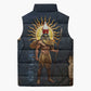 Heru-Ur Falcon Eyes Sleeveless Puffer Jacket Solar Disk Ancient Egyptian Mythology in Dark Stone