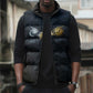 Heru-Ur Falcon Eyes Sleeveless Puffer Jacket Solar Disk Ancient Egyptian Mythology in Dark Stone