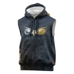 Heru-Ur Falcon Eyes Sleeveless Zip Hoodie Solar Disk Ancient Egyptian Mythology in Dark Stone