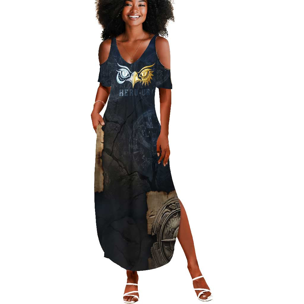 Heru-Ur Falcon Eyes Summer Maxi Dress Solar Disk Ancient Egyptian Mythology in Dark Stone