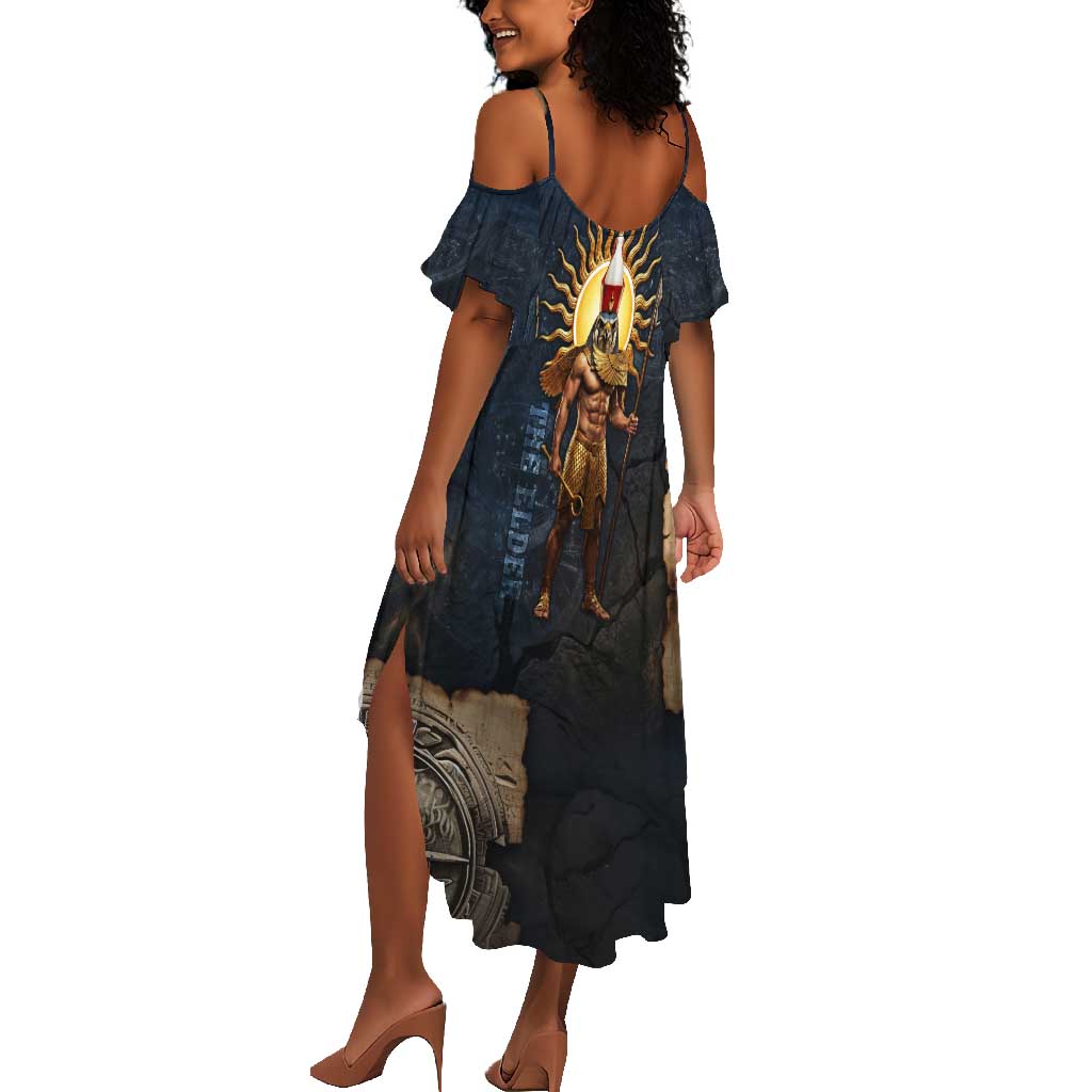 Heru-Ur Falcon Eyes Summer Maxi Dress Solar Disk Ancient Egyptian Mythology in Dark Stone